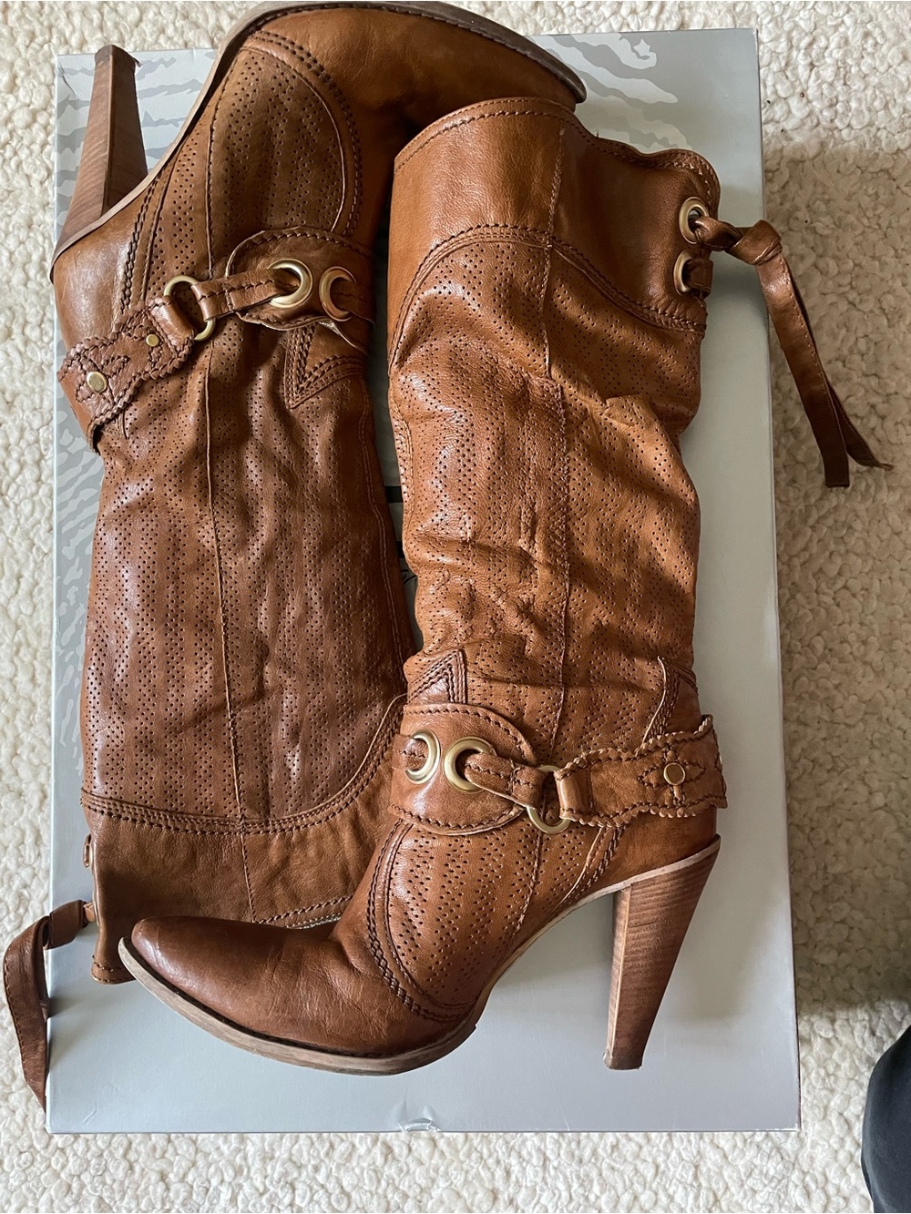 Women's Tan Leather Mid-Calf Heeled Booties with Decorative Hardware